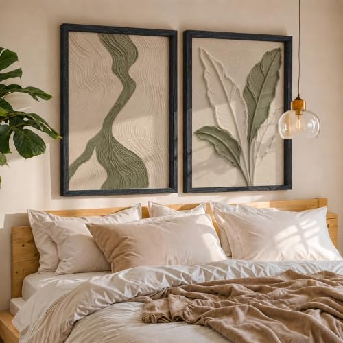 Image of NoWorries Textured Botanical Leaf Wall Painting Set of 2 with Frame | Sage Green & Beige Abstract Nature Artwork, Minimal Modern Wall Decor for Living Room, Bedroom, Office and Home Decoration (Art-11, 17x25inch)