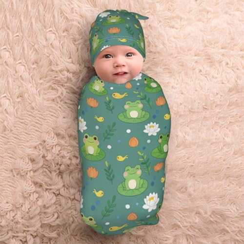 Image of Frog Swaddle Blanket with Hat for Baby, Frog Swaddling Baby Stuff