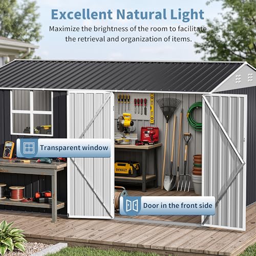 Image of AirWire 12x10 FT Outdoor Metal Storage Shed with Window, Heavy-Duty Galvanized Steel Tool Shed with Lockable Doors, Waterproof Garden Shed for Backyard, Patio, Lawn, Black
