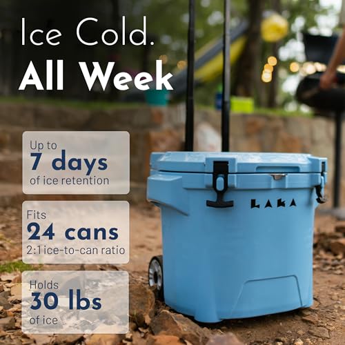 Image of Laka Cooler with Wheels - 30QT Rotomolded Insulated Rolling Hard Cooler, Telescoping Handle, Holds 24 Cans + Ice, Up to 7 Days Cold, Drain Plug, Cup Holders + Bottle Opener, Beach /Camping /Boat