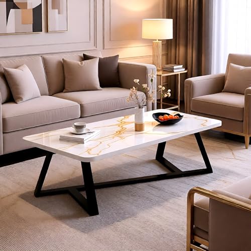 Image of Modern Engineered Wood Center Table for Living Room | Marble Pattern Coffee & Tea Table for Home, Office & Reception (White Black)