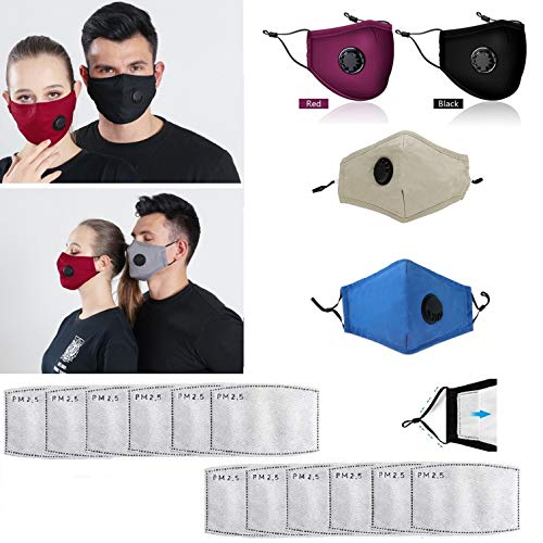 Freefa 4 Piezas colores Algodón Bandana Facial Lavable Reutilizable Respirable Durable con 12 Filtros de Carbón Activado con Válvula de Respiración Antipolvo Anti Haze Anti-Polen Anti Pollution