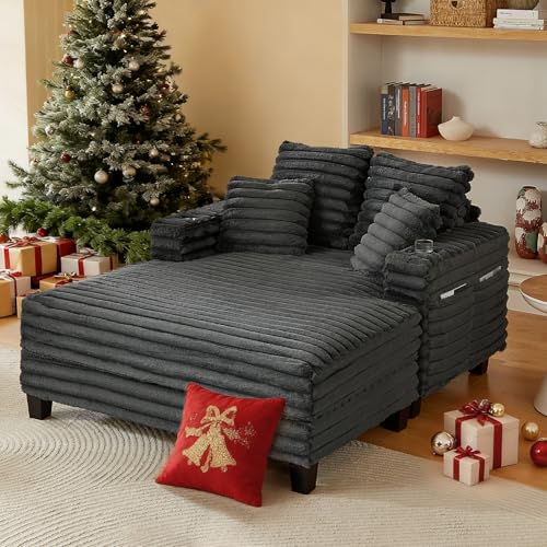 Amsleekey Chaise Lounge Chair Indoor, 64" Oversized Sleeper Chair with Wood Frame, Upholstered Sofa Bed for Living Room, Movie Room, Bedroom with 4 Storage Pockets&2 Cup Holders(Plush Corduroy, Grey)