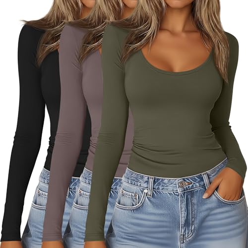 Riyiper 3 Pack Women's Long Sleeve T Shirts, Scoop Neck Under Scrub Layer Tee Basic Casual Shirts Tops