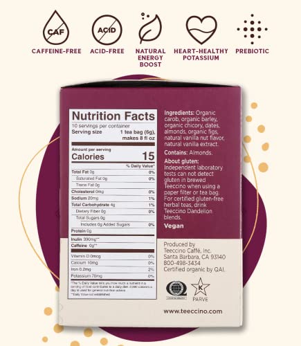 Teeccino Herbal Tea – Vanilla Nut – Roasted Chicory | Almond | Prebiotic | Caffeine Free | Acid Free | Coffee Alternative, 10 Tea Bags (Pack Of 6) #TOP1