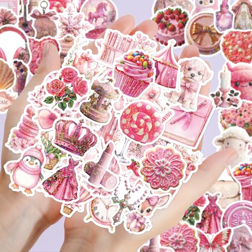 Image of 100 PCS Coquette Stickers Pink Aesthetic Stickers Pack, Holographic Thickened Vinyl Cute Stuff Water Bottle Sticker for Girls| Easier to Peel Off| Scratch & Fade Resistant| No Curling| Reusable