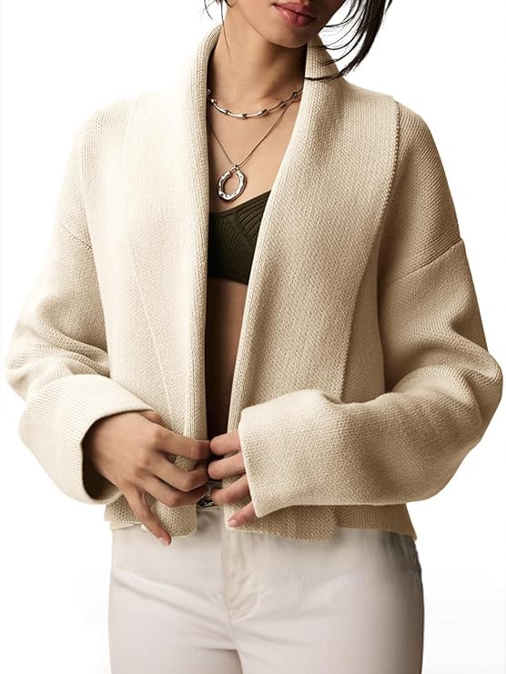 Tanming Cropped Cardigan for Women Open Front Sweater Oversized Shawl Lapel Chunky Knit Coatigan