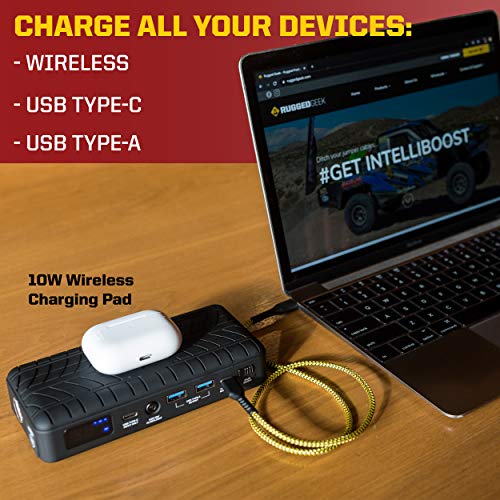 RUGGED GEEK RG1200 Safety Plus 1200A Portable Car Jump Starter with Wireless Charging, Type-C Ports and 12V Air Compressor/Pump. LED Display, INTELLIBOOST 2.0 Safety Cables, LED Flashlight, USB Ports.