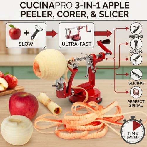 Image of Apple Peeler and Corer by Cucina Pro - Long Lasting Chrome Cast Iron with Countertop Suction Cup | Countertop Hand Crank for Fruits, Potatoes or Veggies, Picking Season- Pie, Treat Dessert Baking, Must Have Fall Kitchen Tool