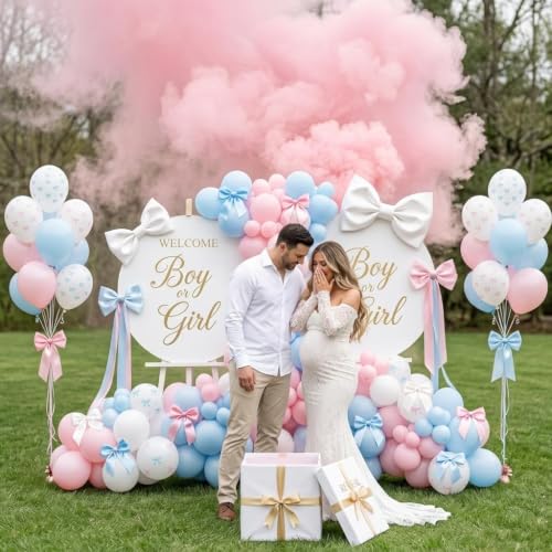 Image of HILAVO Pink and Blue Balloons, 60PCS 12 Inch Pastel Baby Pink and Blue | Gender Reveal Balloons Bow Print Balloon for Boy or Girl Gender Reveal Decorations Bear Bow Baby Shower Party Decoration