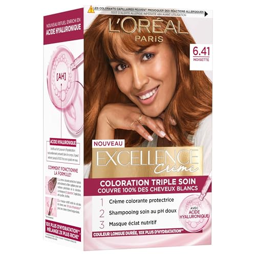 L’ORÉAL PARIS - Coloration Cheveux Permanente Triple Soin - Couvre 100% des Cheveux Blancs - Excellence Crème - Nuance : Noisette (6.41)