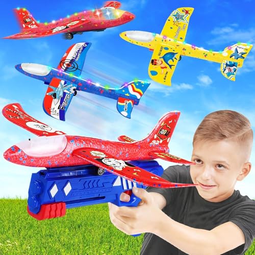 NCKIHRKK Juguetes Niños 4 Años, 3 Piezas Avion Juguete con Pistola de Tiro, Avión Volador Planeador Espuma Cuerpo Iluminado, Aviones de Poliespan Juguete Volador Regalos Niños 3 4 5 6 7 8 9 Años