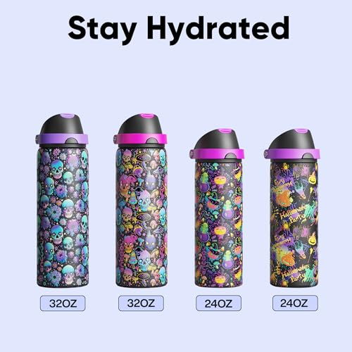 Insulated Water Bottle with Straw - Encool Stainless Steel Water Bottle with Push Button Lid, Leak-Proof & BPA-Free, Keeps Cold for 24 Hours for Sports, Travel, Gym (24 oz, Trippy Skulls) β image 7