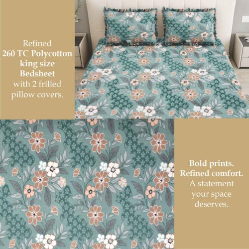 Image of Dream Weaverz- Polycotton Printed Double Bed Size Fitted Elastic Bedsheet,2 Pillow Cover,260 Thread (72 inch x 78 inchx7 inch) Home, Bedroom (Green-Brown, King)
