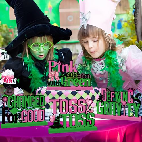 Image of 4pcs Pink and Green Witch Party Decorations Wood Table Centerpieces Witch Theme Birthday Table Decorations Pink and Green Party Tabletop for Boys Girls Birthday