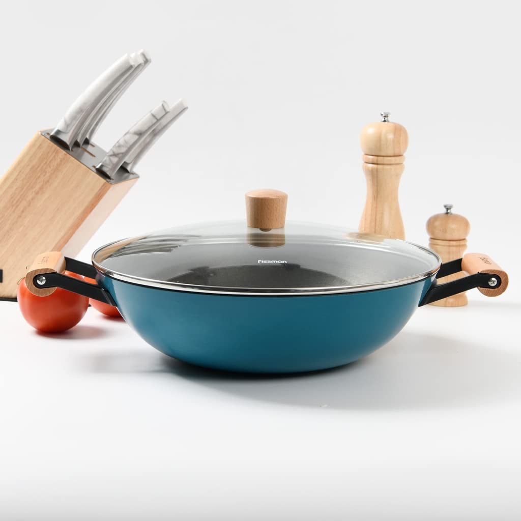 Fissman Wok Pan with Lid SEAGREEN 32x9.2cm/5LTR, Cast Iron Wok for Induction Stove with Wooden Handles, Non Stick Pan, Cast Iron Skillet for Stir-Frying