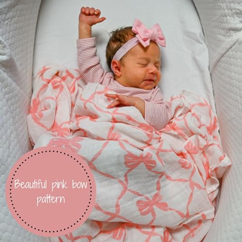 Image of LollyBanks Baby Blankets, 100% Muslin Cotton Swaddle Blanket for Girls, Soft and Large 47 x 47 Inches Newborn Swaddle, Breathable Baby Receiving Blankets, Registry (Pink Bow Print)