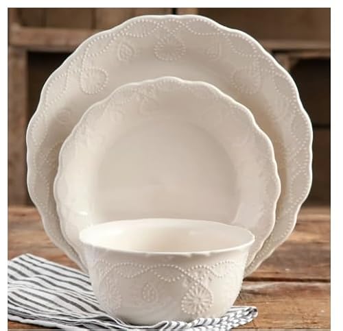 Pioneer Woman Cowgirl Lace 12-Piece Dinnerware Set – Service for 4, Durable Stoneware, Scalloped Edges, Dishwasher & Microwave Safe (White)