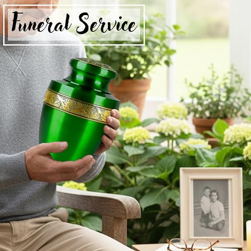 Image of ALPHA Living HOME Cremation Urns for Human Ashes Adult - Handcrafted Metal Memorial Urn with Tree Engraving & Velvet Carry Bag, Decorative Funeral Burial Urn with Secure Screw Lid (Green & Gold)