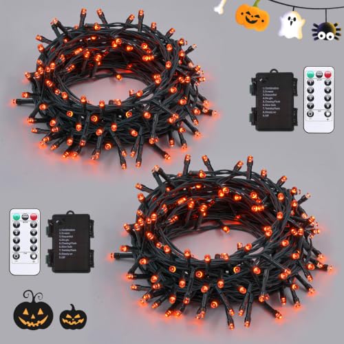 QITONG 2 Pack Battery Operated Halloween Lights Each 33ft 100 LED Orange String Lights Indoor Outdoor Green Wire Twinkle Lights with Remote