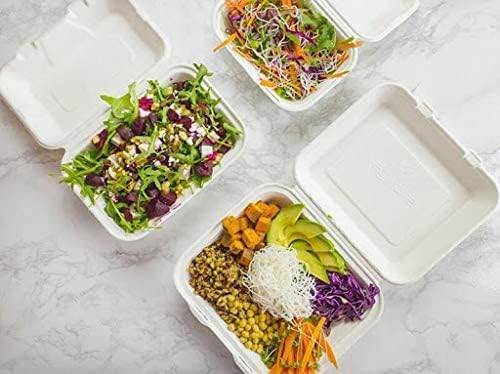 50 X Bagasse 9 x 6" Lunch Box Clamshell Takeaway Containers Clean White Size (232x155x78mm) For Hot Or Cold Food - Manufacturer Sealed packaging (Hygiene Proof)