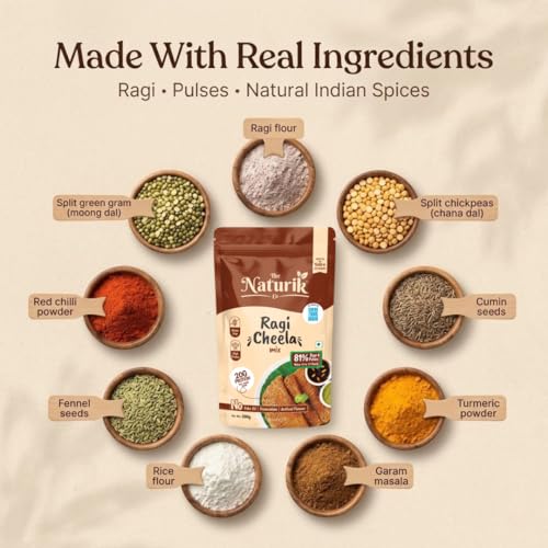 Image of The Naturik Co Chilla Mix | Ragi Cheela Mix | No Maida No Palm Oil High Protein Gluten Free & Fiber Rich Breakfast | 200g Ready to Cook Chila /Dosa Mix | Lentils & Millets Protein Chilla Mix