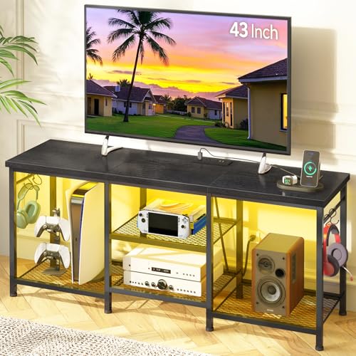 YGEOMER Black Entertainment Stand for Up to 55 Inch TVs, Tv Stand with Outlet Led Lights Open Storage Shelves, TV Consoles for Living Room, Bedroom