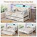 ADORNEVE Daybed with Trundle, Twin to King Daybed with Charging Station & LED Lights, Metal Trundle Bed Twin with Hidden Storage Headboard, Upholstered Sofa Day Bed for Living Room, Bedroom, White
