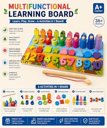 Image of Toywood 6-in-1 Wooden Montessori Learning Board for Kids - Fishing Game, Number & Shape Sorting, Counting Rings, Math Puzzle & Color Matching Educational Toy for Toddlers