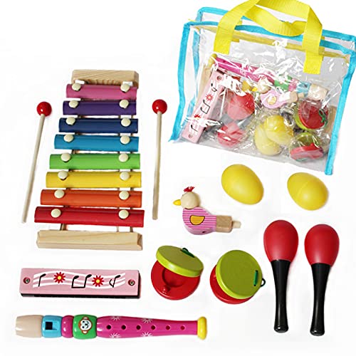 MALCIKLO Toddler Musical Instruments, Wooden Percussion Instruments Early Development Educational Learning Toy for Kids Baby Instrument Musical Toys Set for Boys and Girls with Storage Bag (Red)