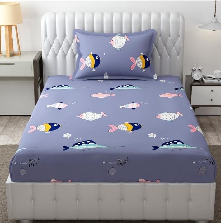 Image of NHD HOME cotton Super Soft Breathable Skin Friendly 180 TC Animal Design Printed for Kids Room Single Bedsheet with 1 Pillow Cover-(Color- Navy Blue, 152 x 228 cm)