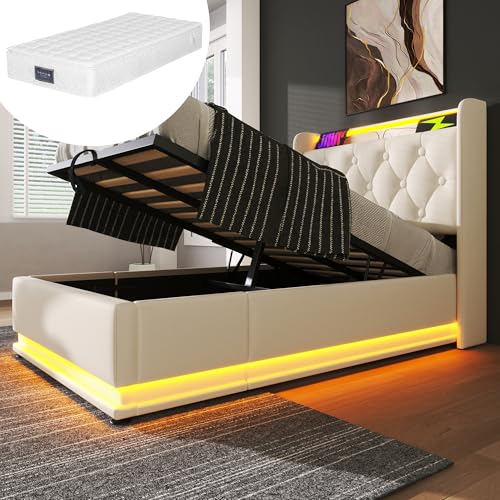 Canape Abatible de Formato Individual 90x200cm con Sistema de Elevacion Neumatica con Compartimento Inferior como Marco con Puertos de Carga USB y Tipo C y Bastidor Blanca