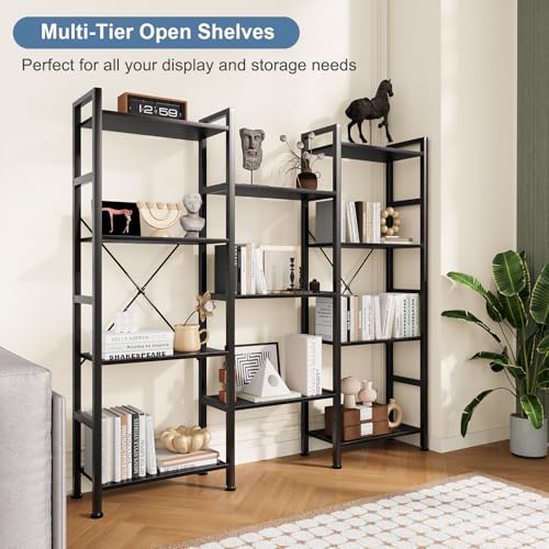 Image of DUMOS Triple Column 4 Tier Bookshelf with Adjustable Shelves, Wide Convertible Display Unit, Industrial Bookcase for Living Room & Home Office, Sturdy Freestanding Storage Decor Organizer, Black