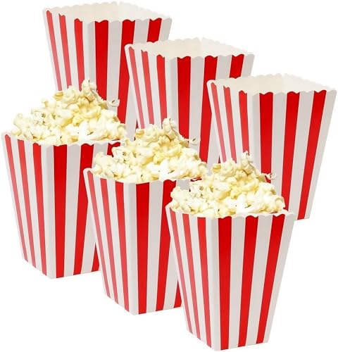 Al Fakhama Popcorn Greaseproof Paper Boxes Bags Reusable Bucket Favor Boxes For Movie Night Party Birthday (5 Inch Tall X 3 Assorted Bright Designs) - 1 Dozen