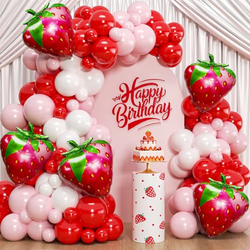 PTGOLUO Strawberry Balloons Garland Arch Kit 153pcs with 27" Strawberry Foil Balloons, Red and Pink Balloons for Sweet Girl Berry First Birthday Baby Shower Valentine's Day Strawberry Party Decor
