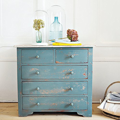 Image of The Attic 5 Drawer Chest, Kitchen and Living Room Storage, Solid Wood, Distress Blue Matte Finish