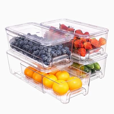 Large Fridge Organizer Drawers, 4 Pack Clear Pull-Out Refrigerator Organizer Bins, Stackable Fruit and Vegetable Storage Containers for Kitchen, Refrigerator, Pantry