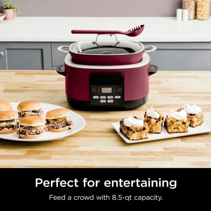 Niinjja Possible Cooker, 8.5 Quart, 6 in 1 Multi Cooker, Slow Cooker, Steamer, Glass Lid Integrated Cooking Utensil, Nonstick, Oven Safe Pot to 500°F, color cherry (model MC 1000)