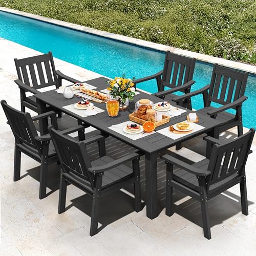 YEFU HIPS Patio Table Set: 7 Piece Outdoor Table and Chairs Dining Furniture Set with Umbrella Hole - Black Modern Plastic Dining Sets 6 Person for Outside Deck with Metal Aluminum Frame