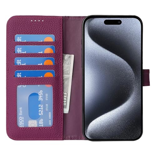 Coque iPhone 15 Pro en cuir véritable violet style portefeuille chic