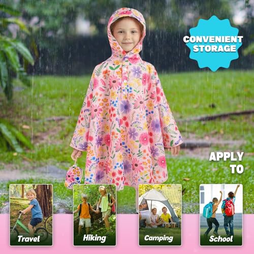 Image of WAWSAM Lightweight Rain Poncho Kids, Ponchos for Kids Waterproof Reusable Hooded, Kids Poncho Rain Jacket for Boys and Girls