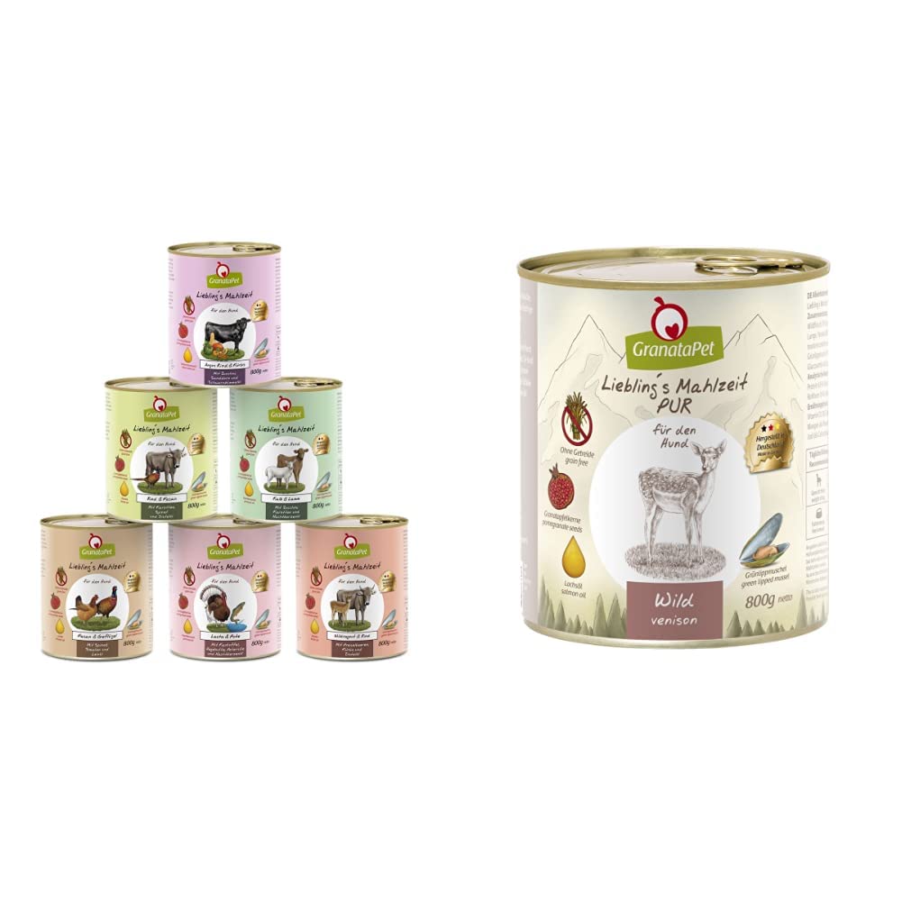 GranataPet Liebling's Mahlzeit Multipack 2, Nassfutter für Hunde im Probierpaket, 6 x 800 g & Liebling's Mahlzeit Wild PUR, Nassfutter für Hunde, Hundefutter ohne Getreide & Zuckerzusätze, 6 x 800 g