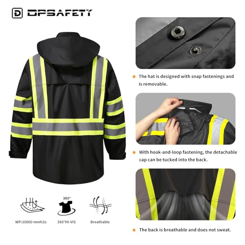Image of Reflective Rain jackets for men waterproof,Hi Vis Safety Coat With Reflective Strips,High Visibility Class 3 Rain jackets With 2 large pockets,Zipper,Black ,SM /MD