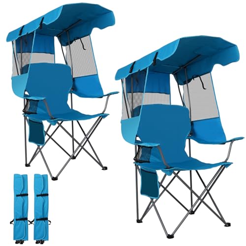 Image of Romswi Large Folding Canopy Camping Chairs for Adult 2 Pack, Portable Outdoor Chairs with Sunshade,Cup Holder & Side Pocket for Camping, Fishing, Beach, Backyard, Sea Blue