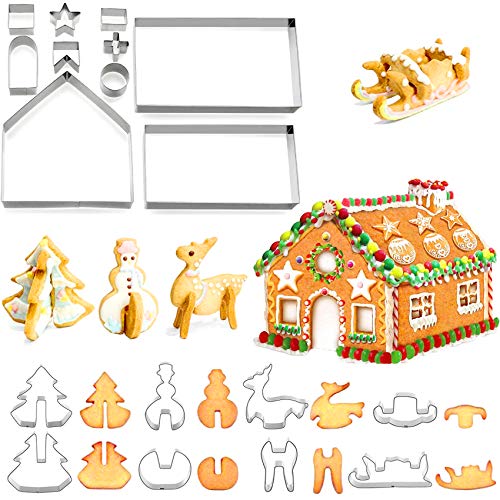 Reofrey 3D Christmas Cookie Cutters Set, DIY Gingerbread House Stainless Steel Baking Cookie Tool, Gingerbread House Christmas Tree Snowman Sled Reindeer Cutter for Xmas Party Making Biscuit-18Pcs
