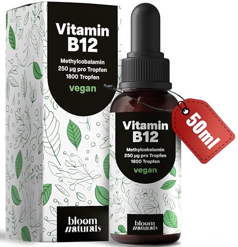 Vitamin B12 Hochdosiert - 50 ml - 1800 Tropfen - Methylcobalamin 250 µg pro Tropfen, vegan - B12 Vitamin - Produziert in Deutschland - Verpackung kann variieren - Laborgeprüft