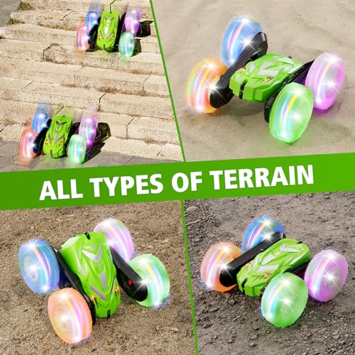 Image of Amicool Remote Control Car for Boys 6-12 with Flashing Light, 6 7 8 9 Years Old Boy Toys, RC Cars Stunt 4WD 2.4Ghz Double Sided 360 Flip, Boy Gift Idea for Kids Birthday Christmas, Green