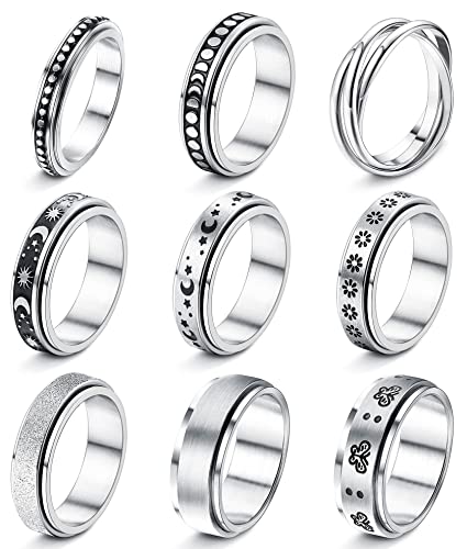 YADOCA 9 Pcs Bague Anti Stress en Acier Inoxydable pour Femmes Hommes Argent Anneaux Hypoallergénique Soulageant L'anxiété du Stress Fidget Bande Spinner Anneau Moon Star Sable Blast Finition Anneau