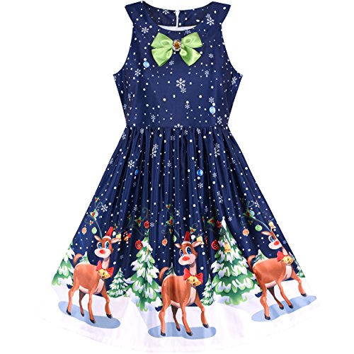 Preisvergleich Produktbild Sunny Fashion Mädchen Kleid Heiligabend Weihnachtsbaum Schnee Rentier Party Gr. 134