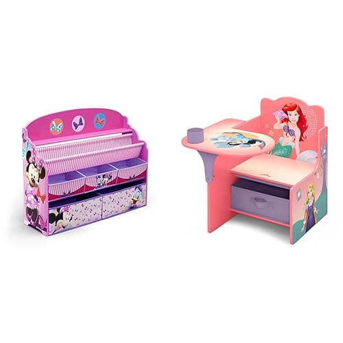 Delta Children Deluxe Book & Toy Organizer - Greenguard Gold Certified, Disney Minnie Mouse & Chair Desk with Storage Bin, Disney Princess